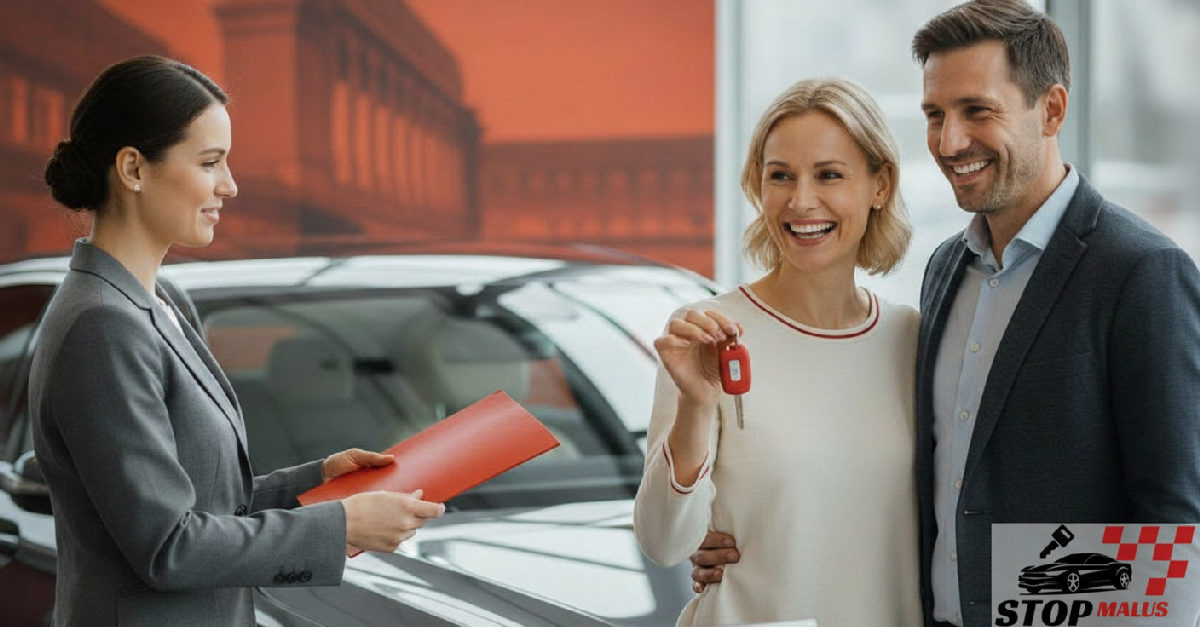 Couple recevant les clés de leur nouvelle voiture de luxe.