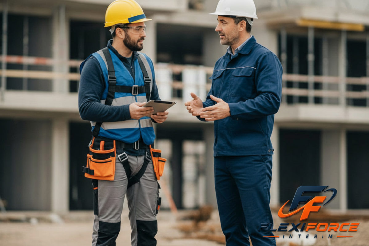 Chef de chantier échangeant avec un ouvrier roumain sur le site.