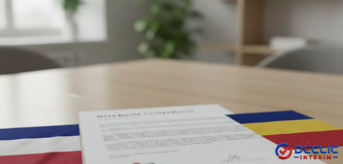 Contrat d'intérim avec drapeaux français et roumains, symbole de fiabilité.