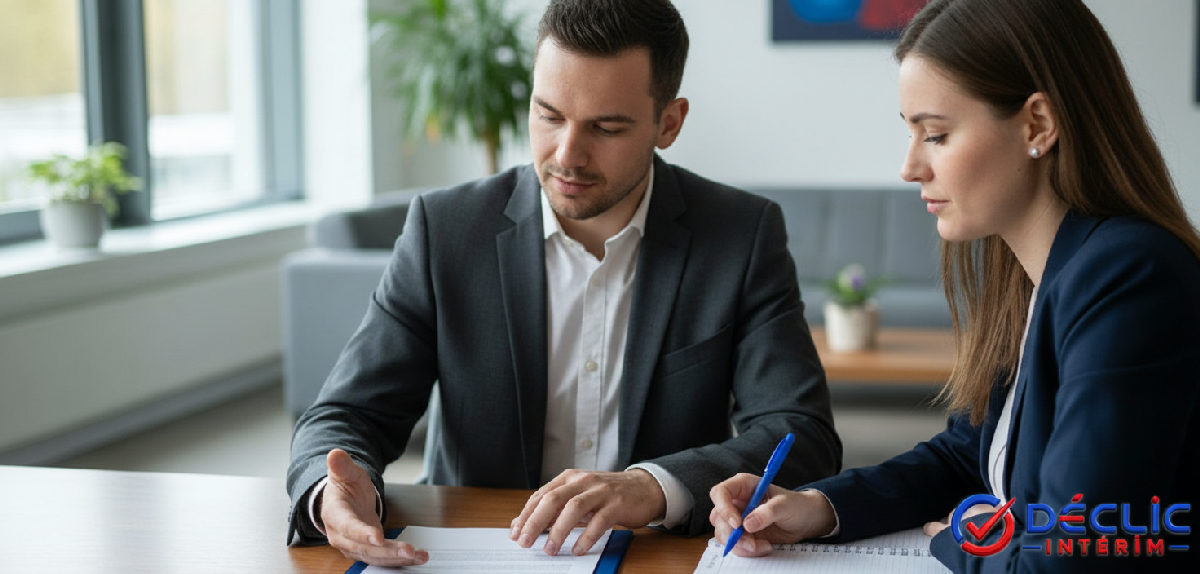 Consultant expliquant les garanties juridiques à un client en agence.