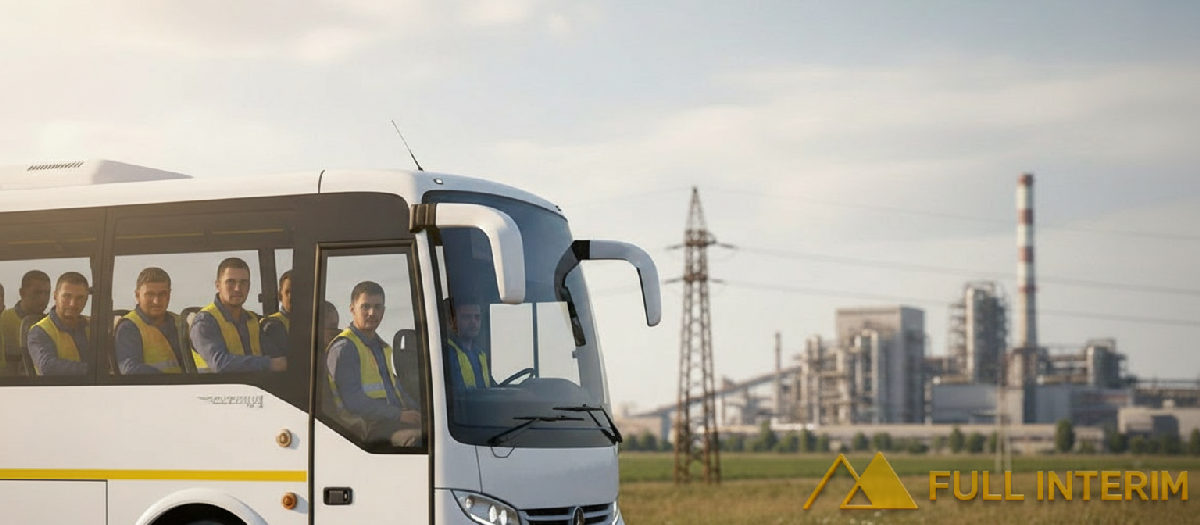 Minibus transportant des ouvriers roumains vers un site industriel.