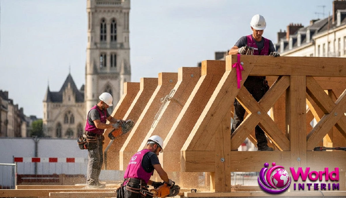 charpentiers roumains Lille Fête Nationale - Charpentiers roumains au travail à Lille, le beffroi en toile de fond.