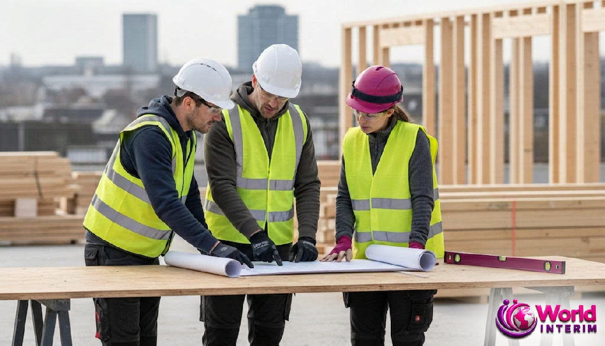 Équipe de charpentiers discutant des plans sur un chantier à Lille.