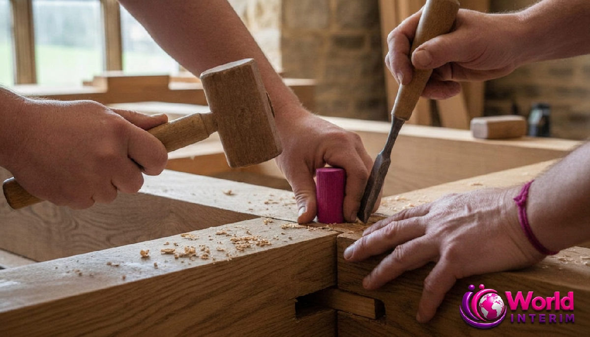 Gros plan sur l'assemblage d'une charpente en bois traditionnelle.