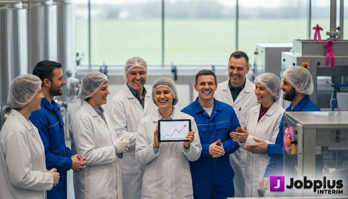 Équipe mixte célébrant un projet réussi dans une usine.