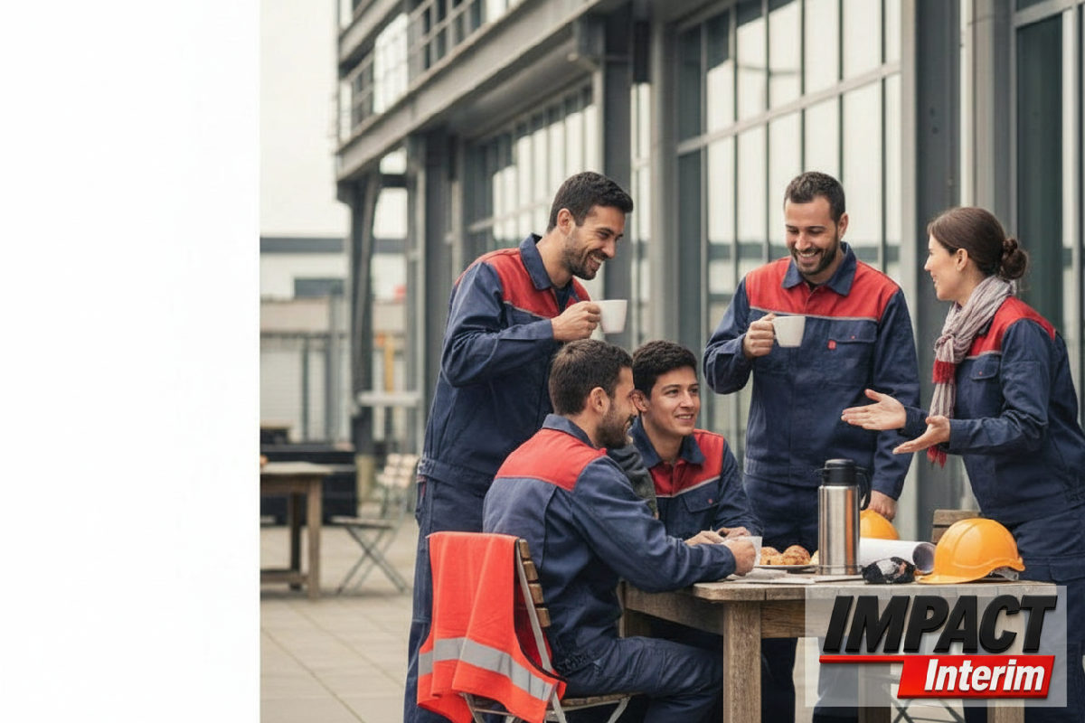 Équipe mixte franco-roumaine partageant une pause café sur un site industriel.