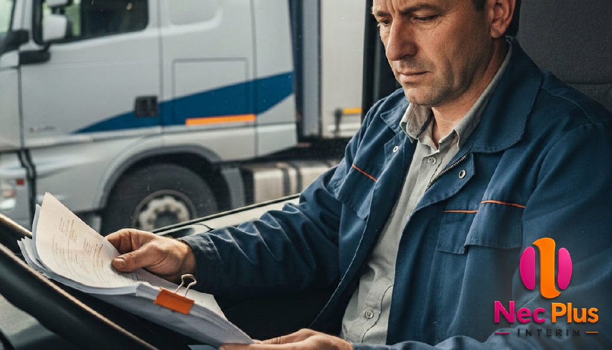 Un chauffeur de camion examine ses papiers.
