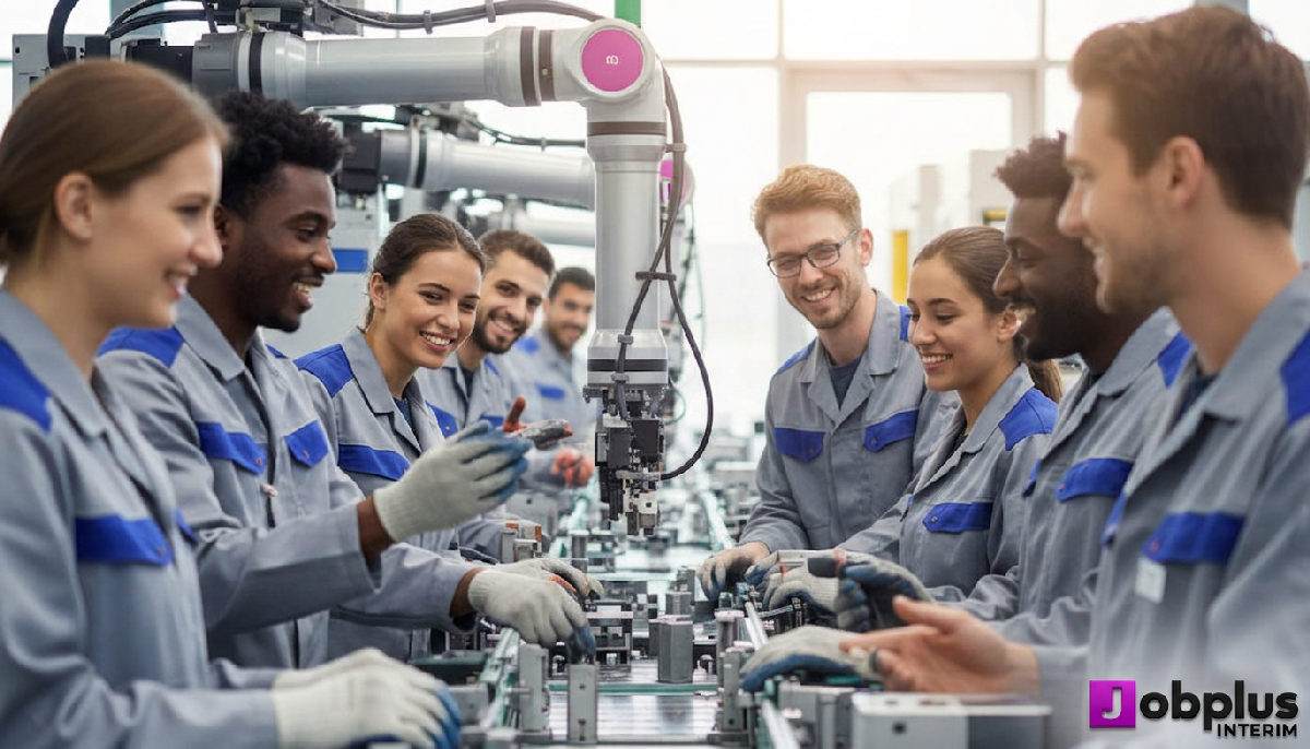 Une chaîne de production moderne avec des travailleurs diversifiés collaborant en France.