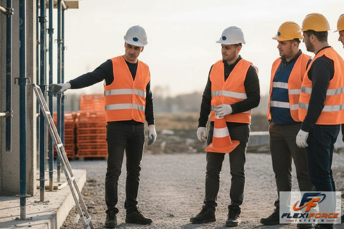 Chef de chantier partageant les bonnes pratiques de sécurité avec une équipe roumaine.