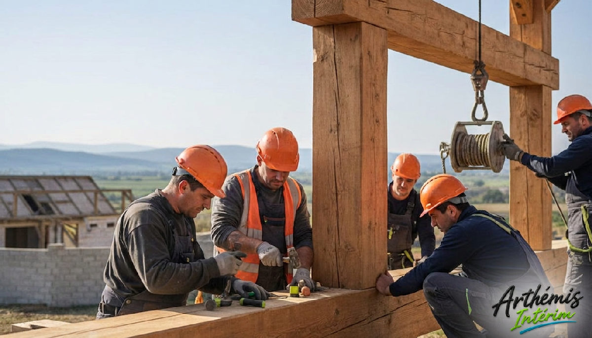 Charpentiers BTP travaillant sur une grande charpente en bois.