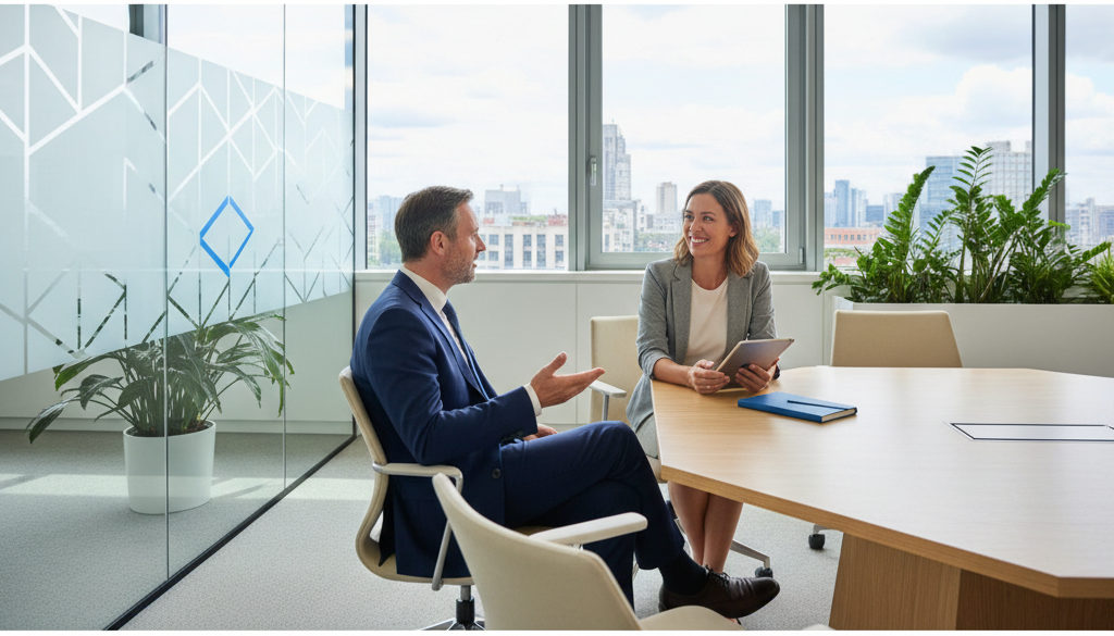 avantages partenaire recrutement PME - Un dirigeant de PME discute avec un consultant en recrutement.