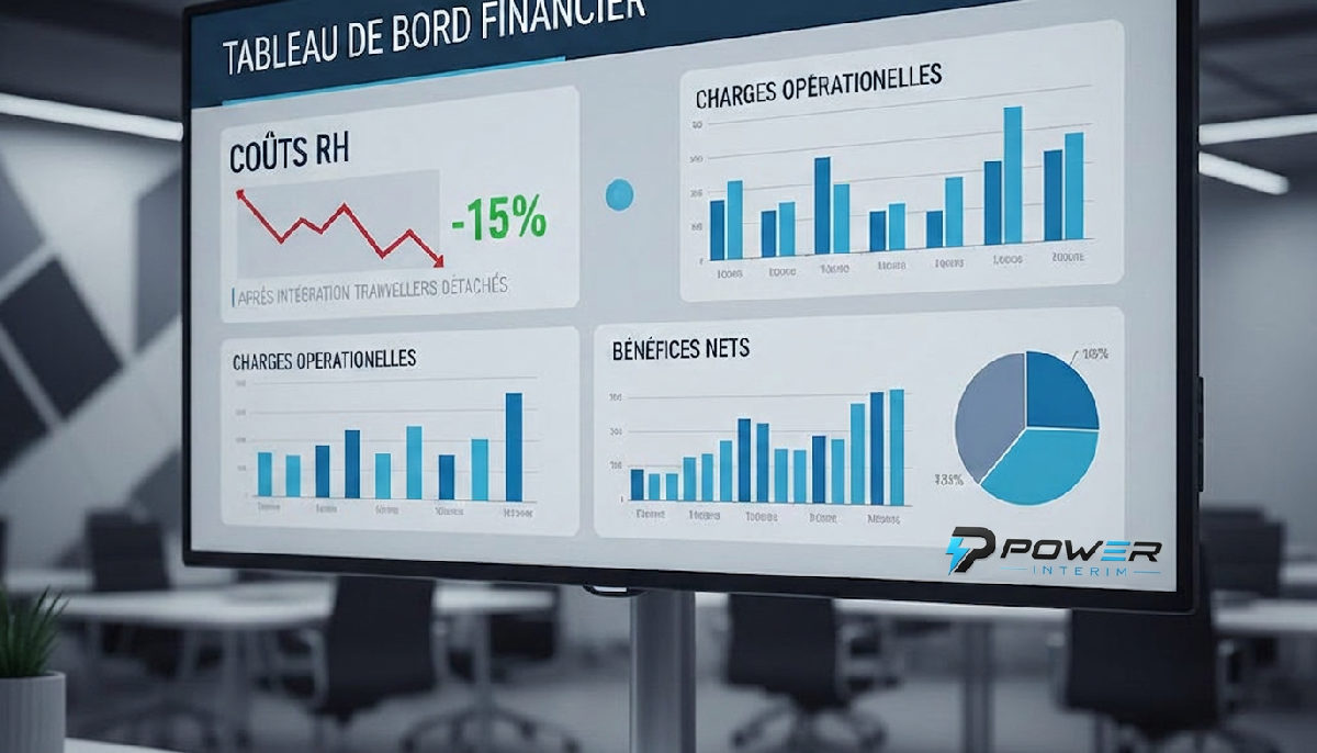 Baisse des coûts RH sur un tableau de bord financier.