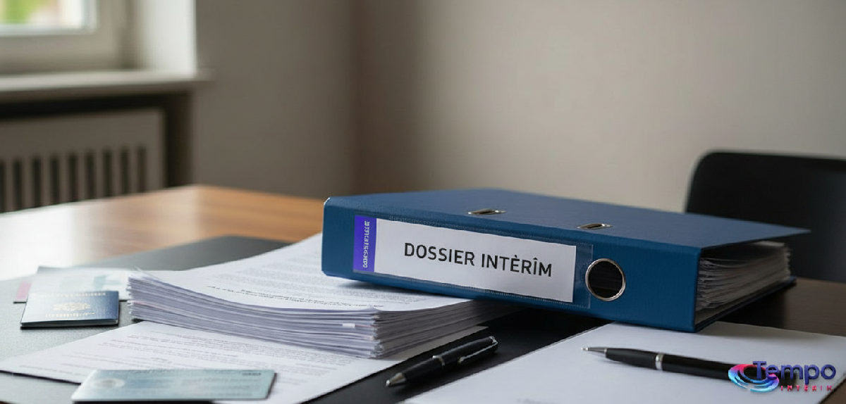 Bureau avec dossier 'Dossier Intérim' et documents officiels.