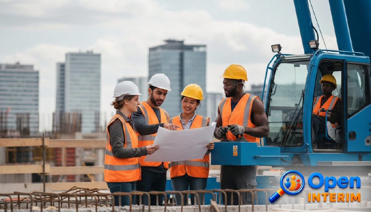 Équipe multiculturelle collaborant sur un chantier en France.