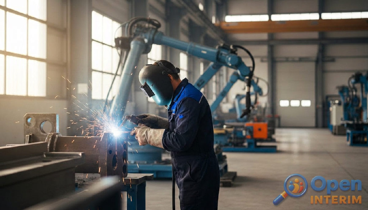 Ouvrier qualifié en soudure dans une usine moderne, expertise recherchée.