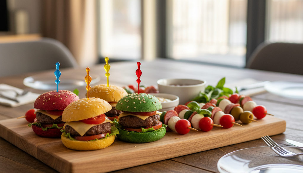 Kolorowe mini-hamburgery i koreczki na drewnianej desce.