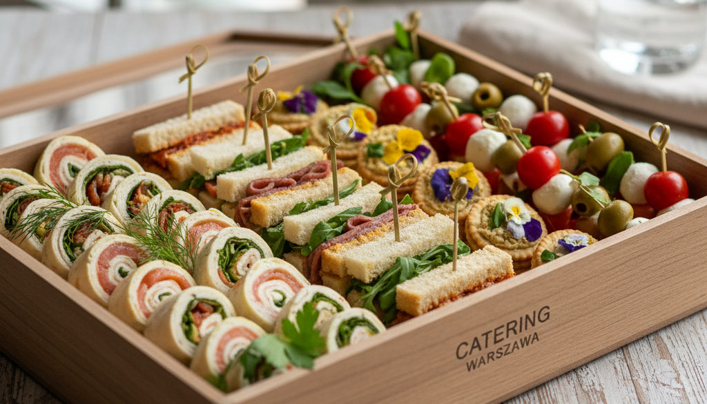Różnorodne zimne przekąski finger food w pudełku cateringowym.