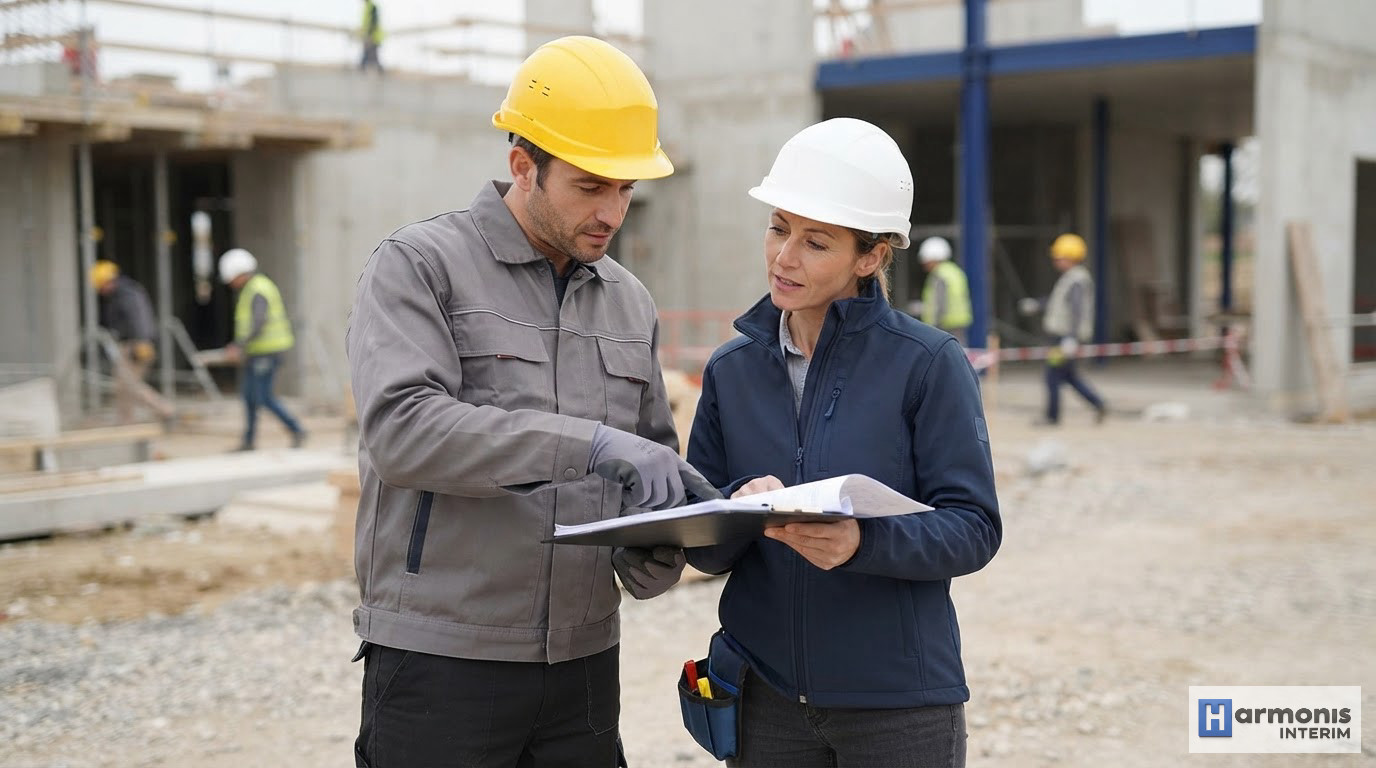 contrat mission type intérimaires roumains btp - Ouvriers sur un chantier moderne en pleine activité de construction.