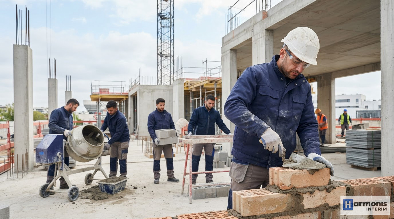 Équipe de maçons qualifiés travaillant sur un chantier de gros œuvre.