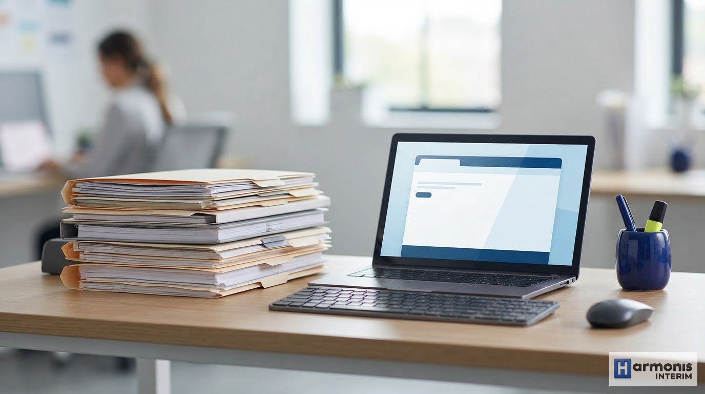 Bureau administratif avec dossiers et écran affichant des documents de détachement.