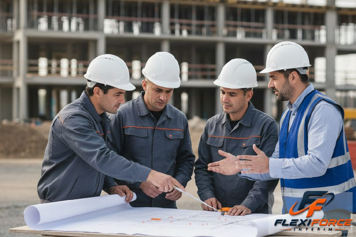 Chef de chantier et ouvriers roumains discutent d'un plan.