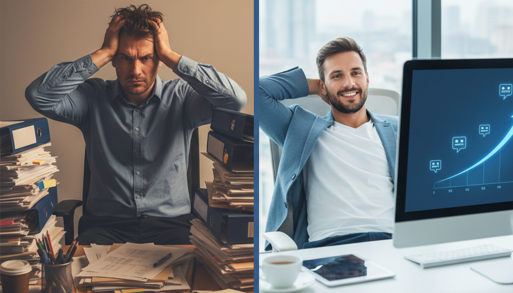 Manual content creation stress vs. AI efficiency and relaxed productivity.