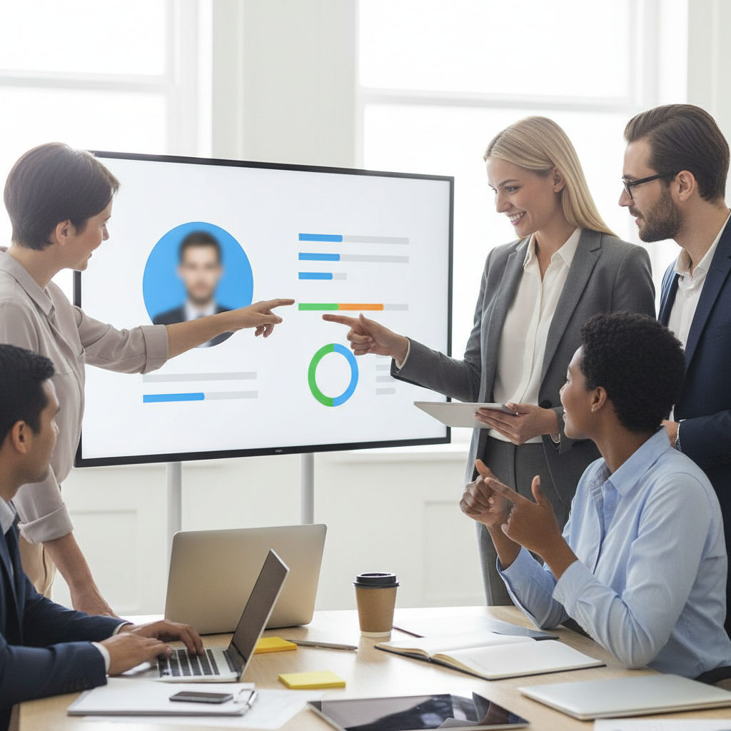 Équipe RH et managers validant une candidature en temps réel avec des outils numériques
