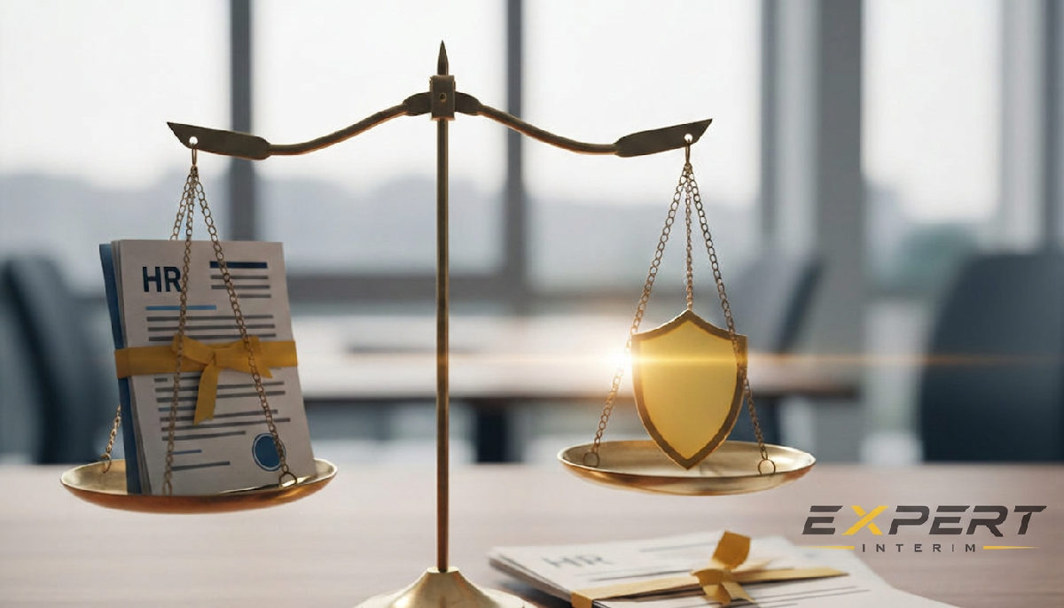 Protection juridique et conformité RH symbolisées par des balances de justice.