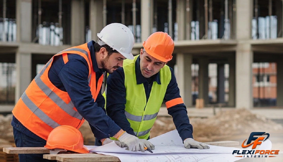 Ouvriers qualifiés lisant un plan de construction sur un chantier.