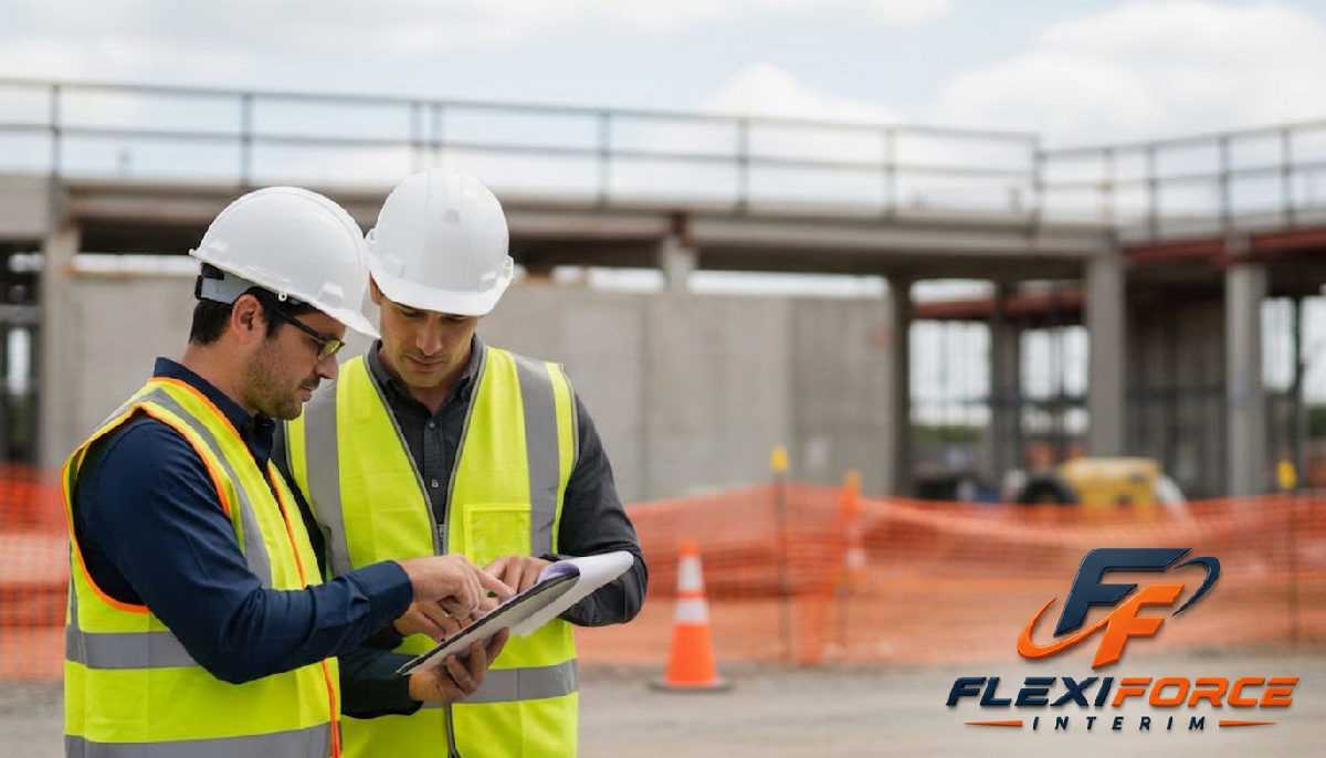 Inspecteur du travail vérifiant des documents sur un chantier sécurisé.