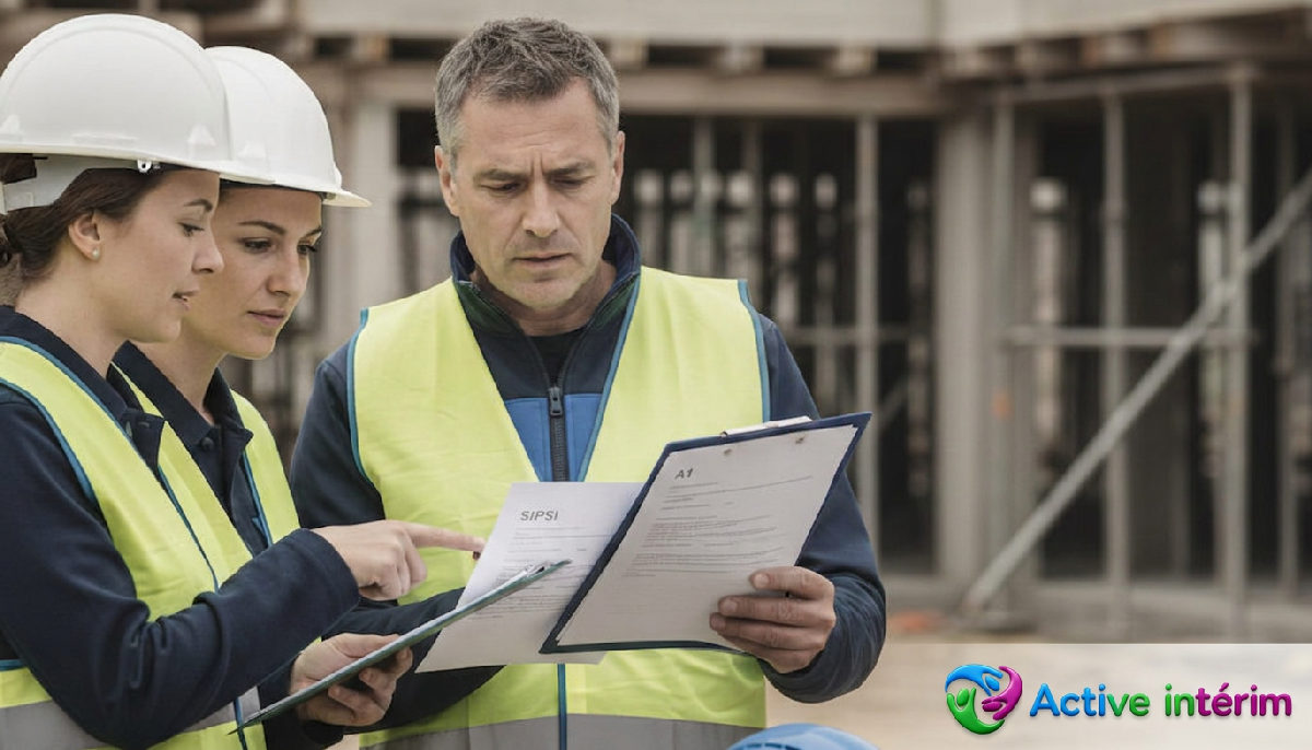 Inspecteur vérifiant documents et formulaire A1 sur chantier.
