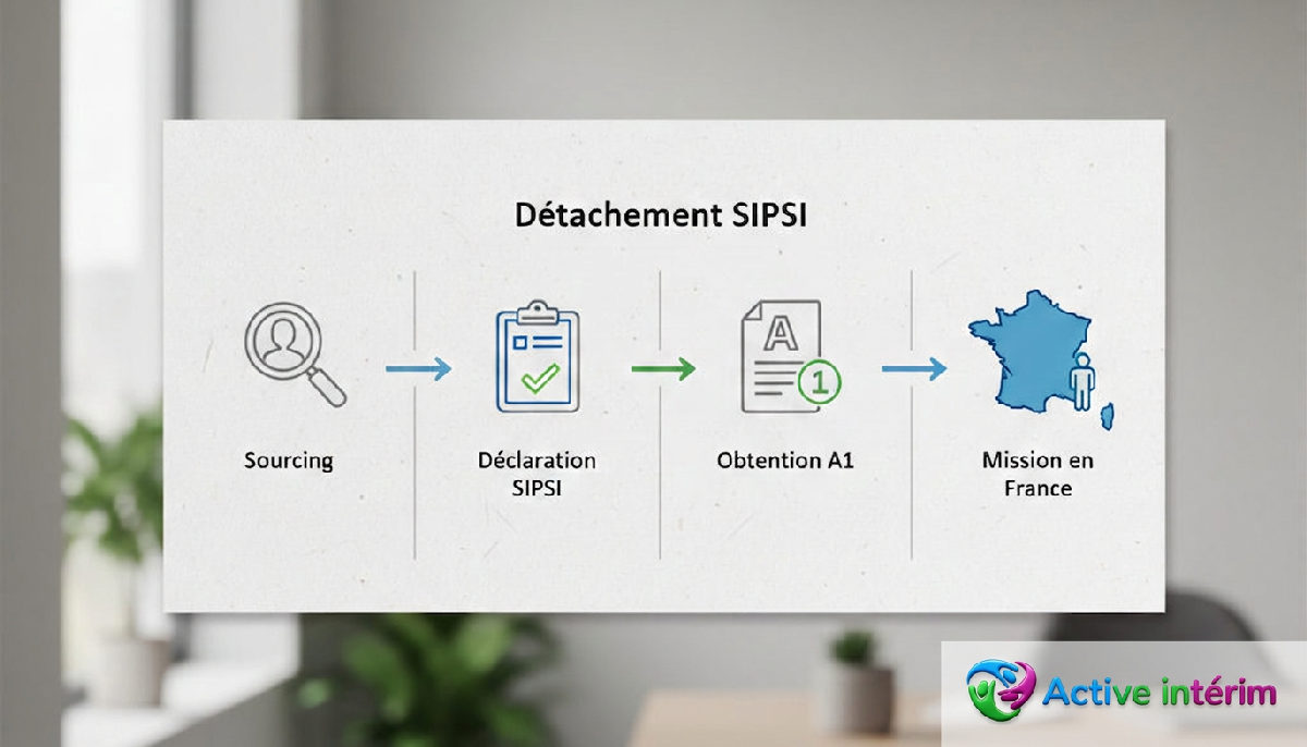 Graphique des étapes du détachement SIPSI : sourcing, déclaration, A1, mission.