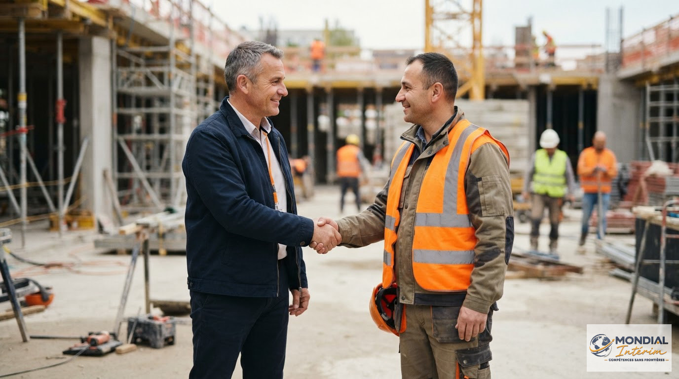 Poignée de main entre un dirigeant français et un travailleur roumain sur chantier.