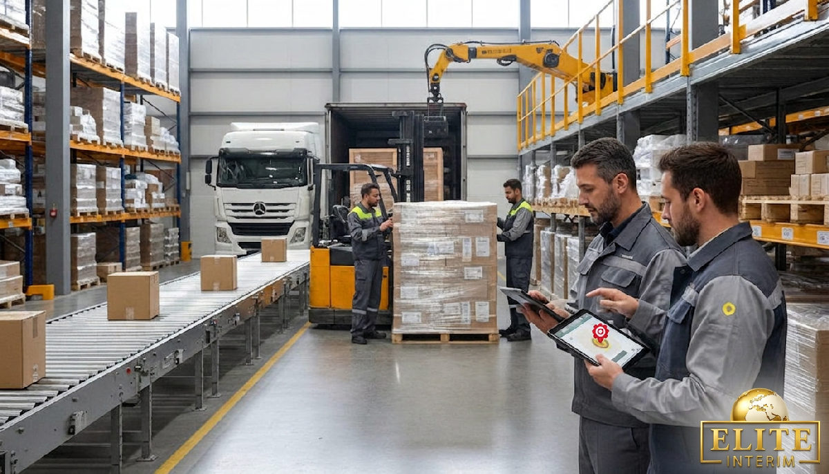 Ouvriers gérant l'inventaire avec des tablettes dans une zone de chargement.