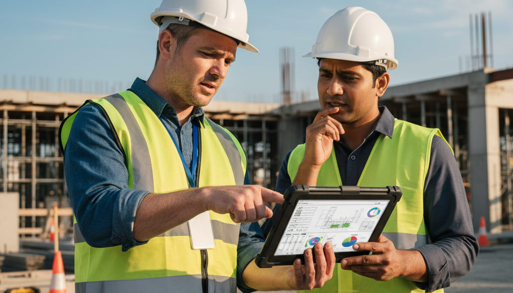 Un inspecteur vérifie des documents numériques sur tablette.