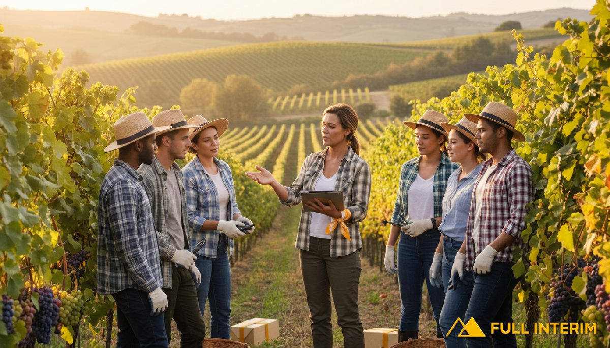 détachement personnel agriculture viticulture - Vigneron discutant la récolte avec des travailleurs saisonniers.