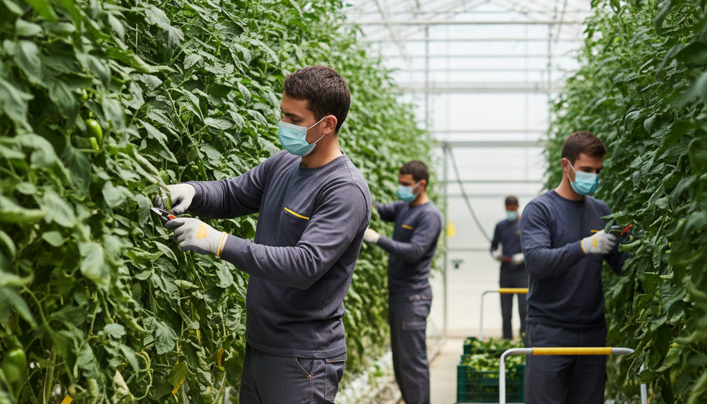 Ouvriers agricoles travaillant avec efficacité sous serre.