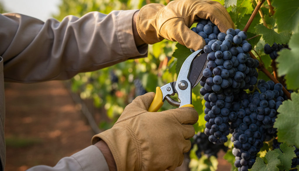 Mains d'un travailleur récoltant des grappes de raisin mûr.