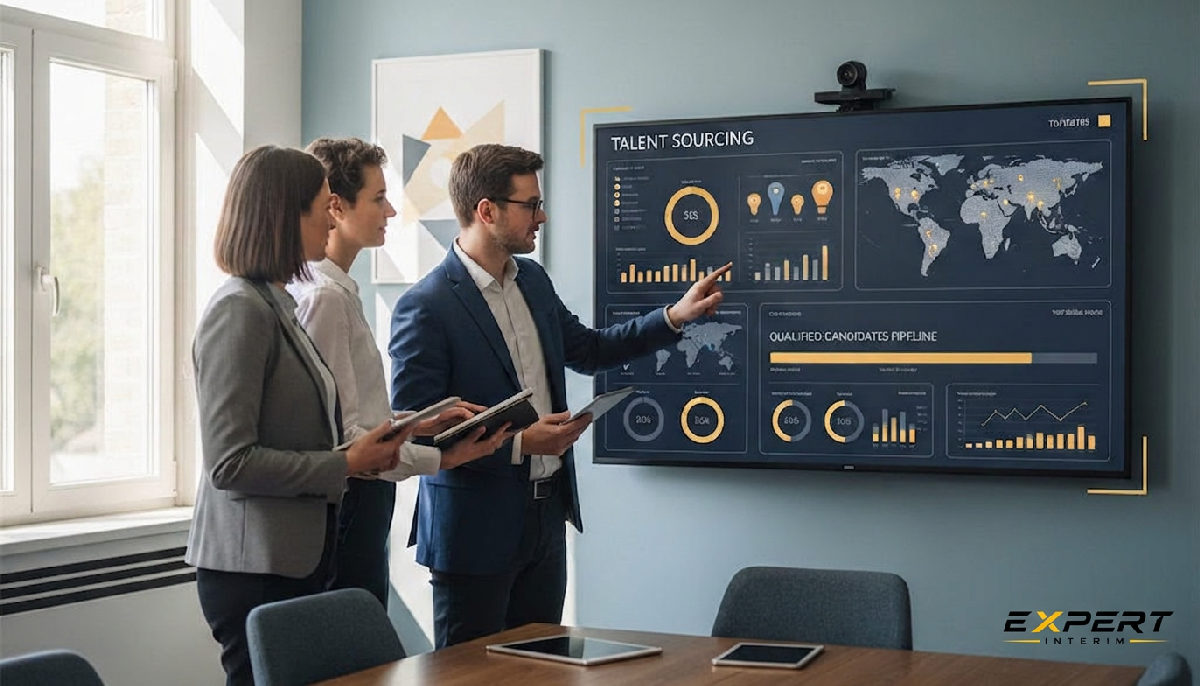 Équipe RH collaborant sur un tableau de bord de sourcing.