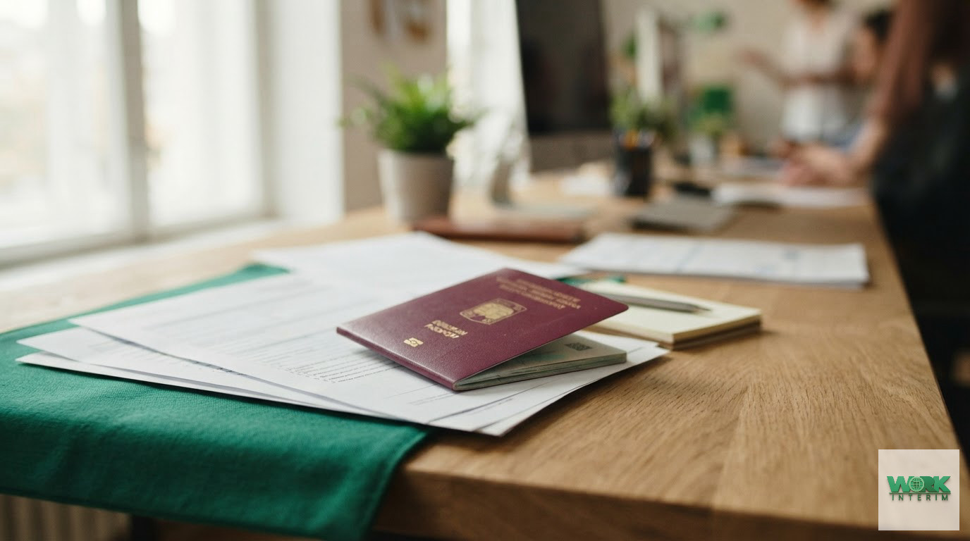 Documents administratifs et passeport sur un bureau de ressources humaines.