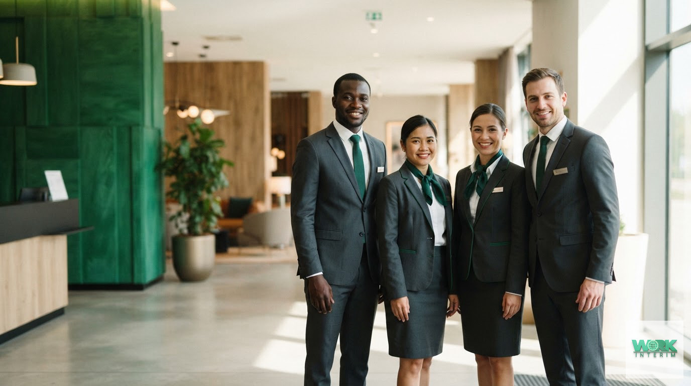 Une équipe hôtelière multiculturelle souriante dans un hall moderne.