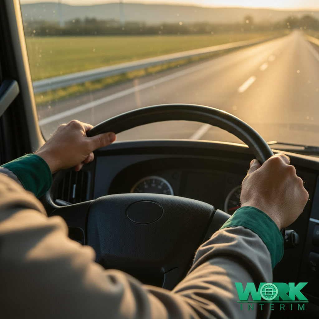 Mains sur le volant au lever du soleil sur une route européenne.