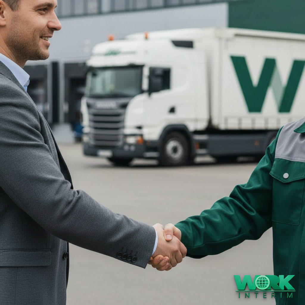 Poignée de main : logistique et chauffeur devant un camion.