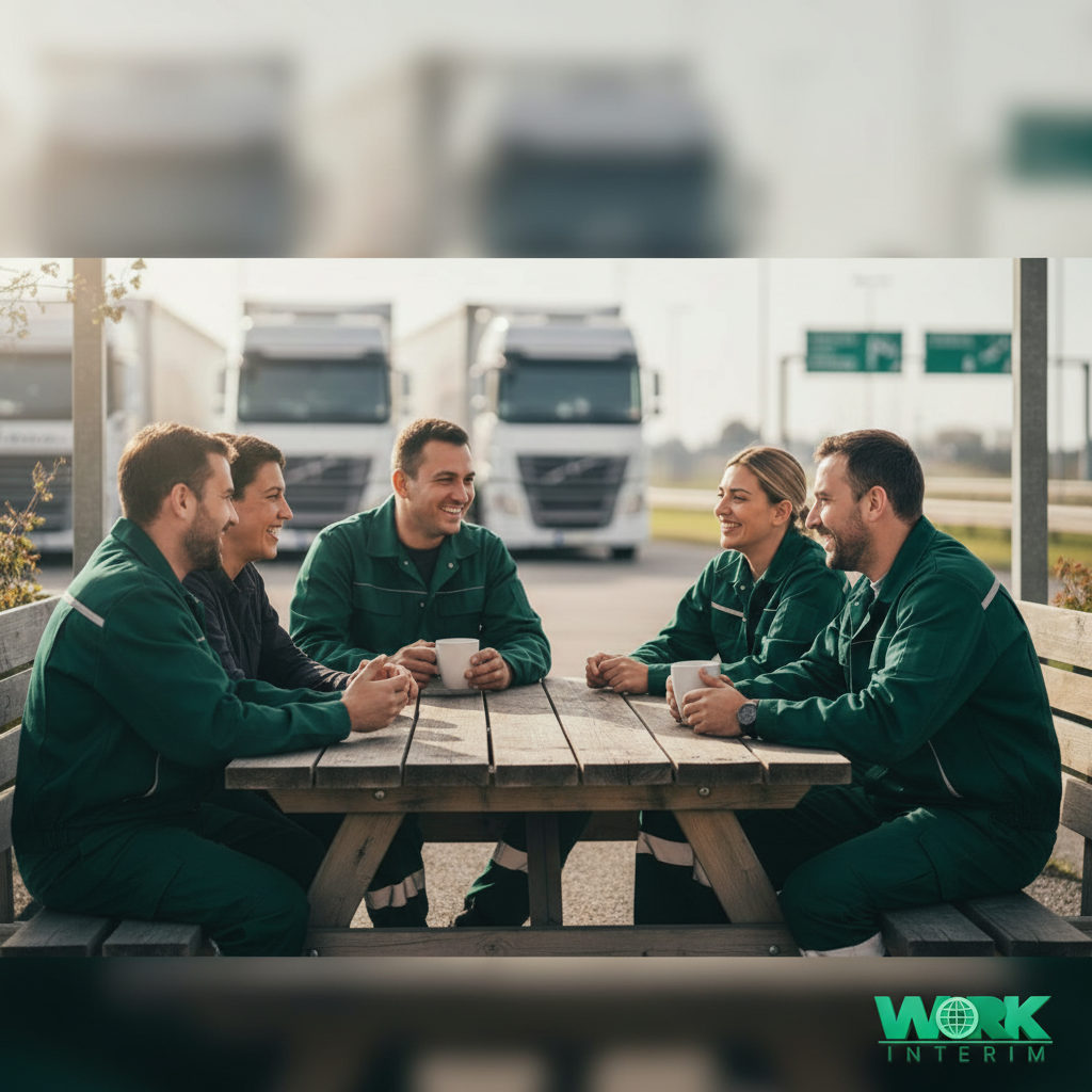 Chauffeurs, dont des Roumains, partageant un moment de pause.