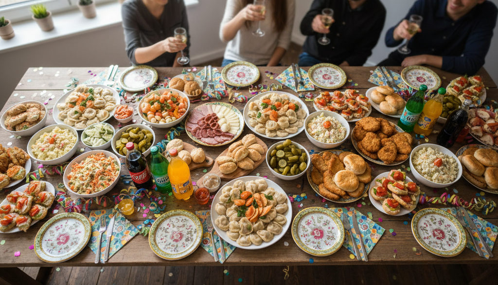 tani catering na imprezę Warszawa - Stół pełen jedzenia, tani catering na imprezę w Warszawie.