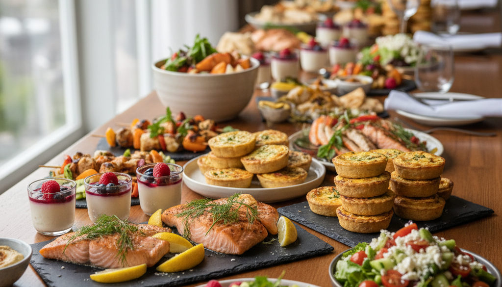 Apetyczne dania cateringu, estetyczne podanie dla 20 osób.