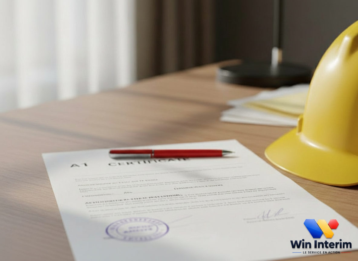 Formulaire Certificat A1 officiel avec tampon sur un bureau.