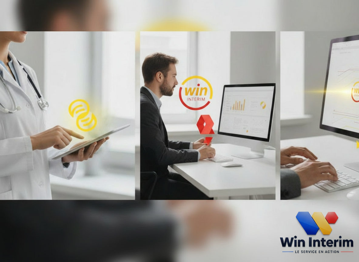 Flux de travail : médecin, agence, paie avec logos Win Interim.