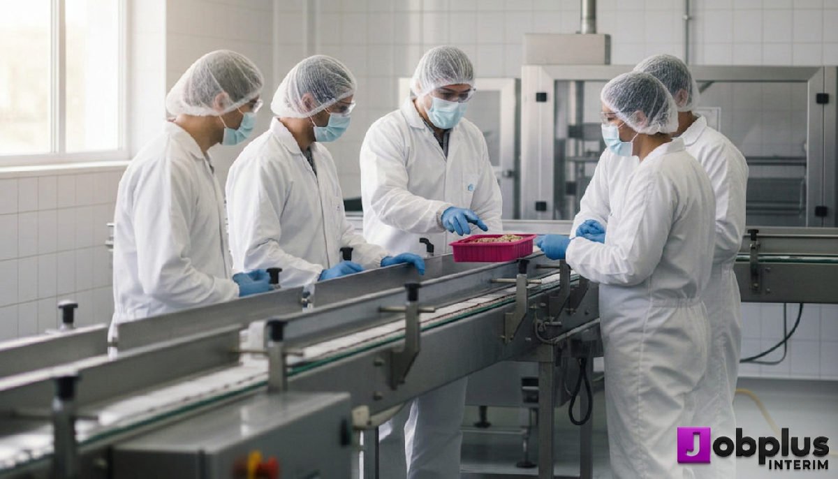 Travailleurs qualifiés en EPI collaborant dans une usine alimentaire.