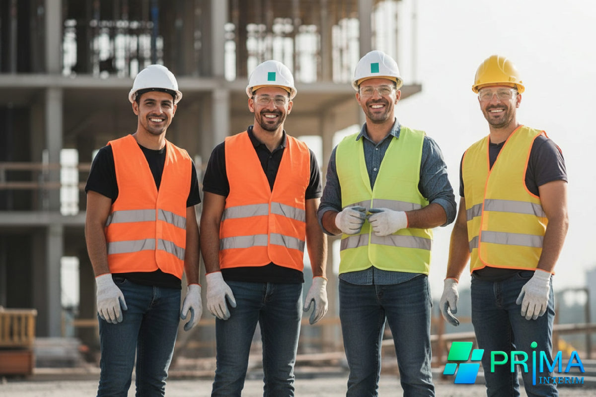 Travailleurs souriants sur un chantier, équipés pour la sécurité.
